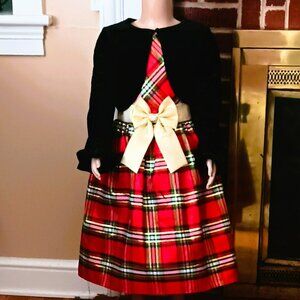 Sweet Charmers Plaid Jacket Dress 6 2 Piece Red & Gold Christmas Velvet Jacket